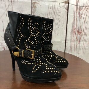 BEBE CHELSEA Black Leather Studded Women's Ankle Bootie with Gold Buckle 6 NIB